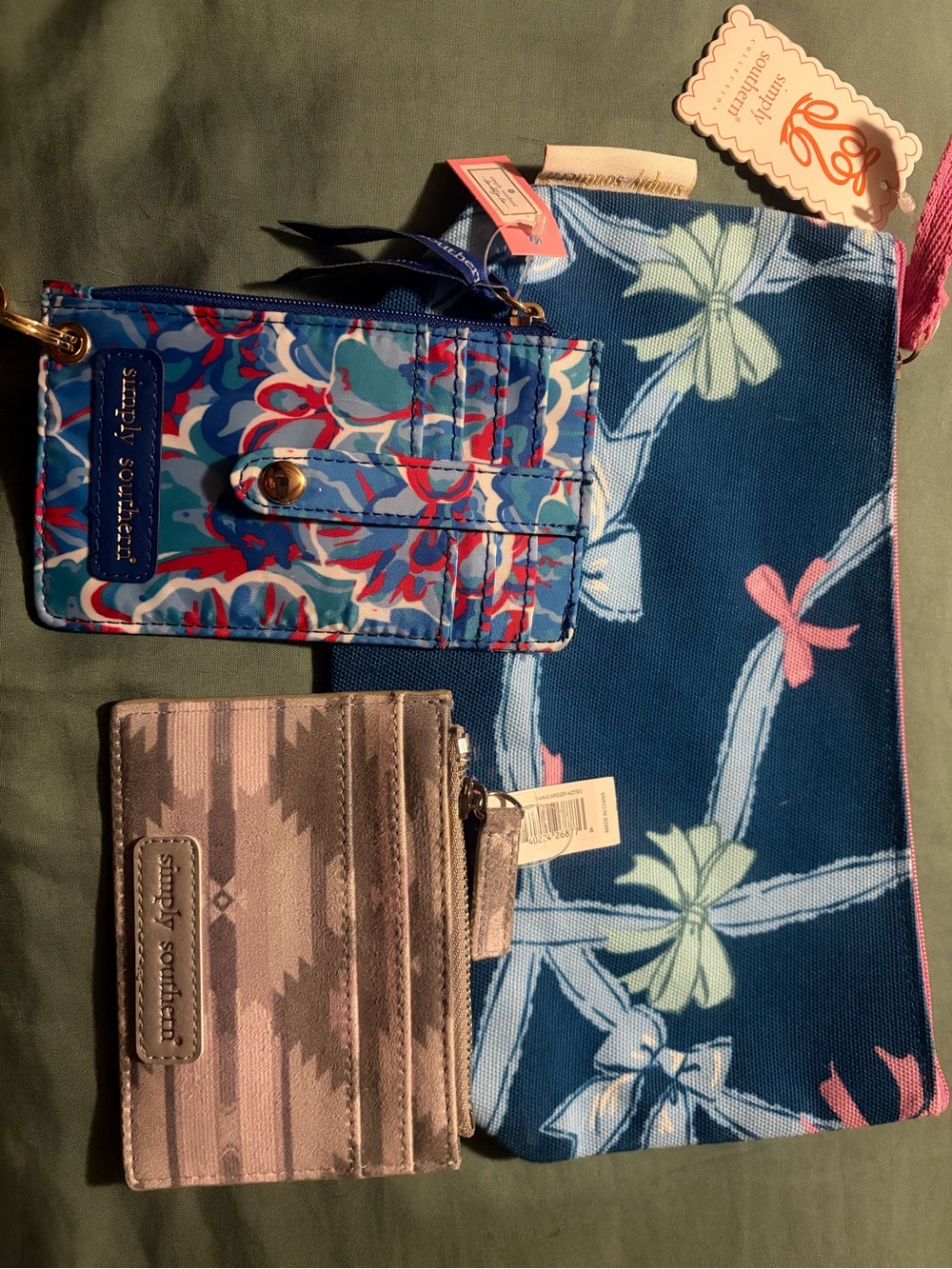 NEW Simply Southern LOT Blue Bow zipper pouch, blue floral and Aztec card case
